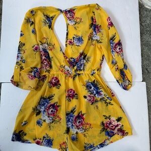 Floral Yellow CottageCore Romper Large Women's Floral Summer Shorts Jumpsuit